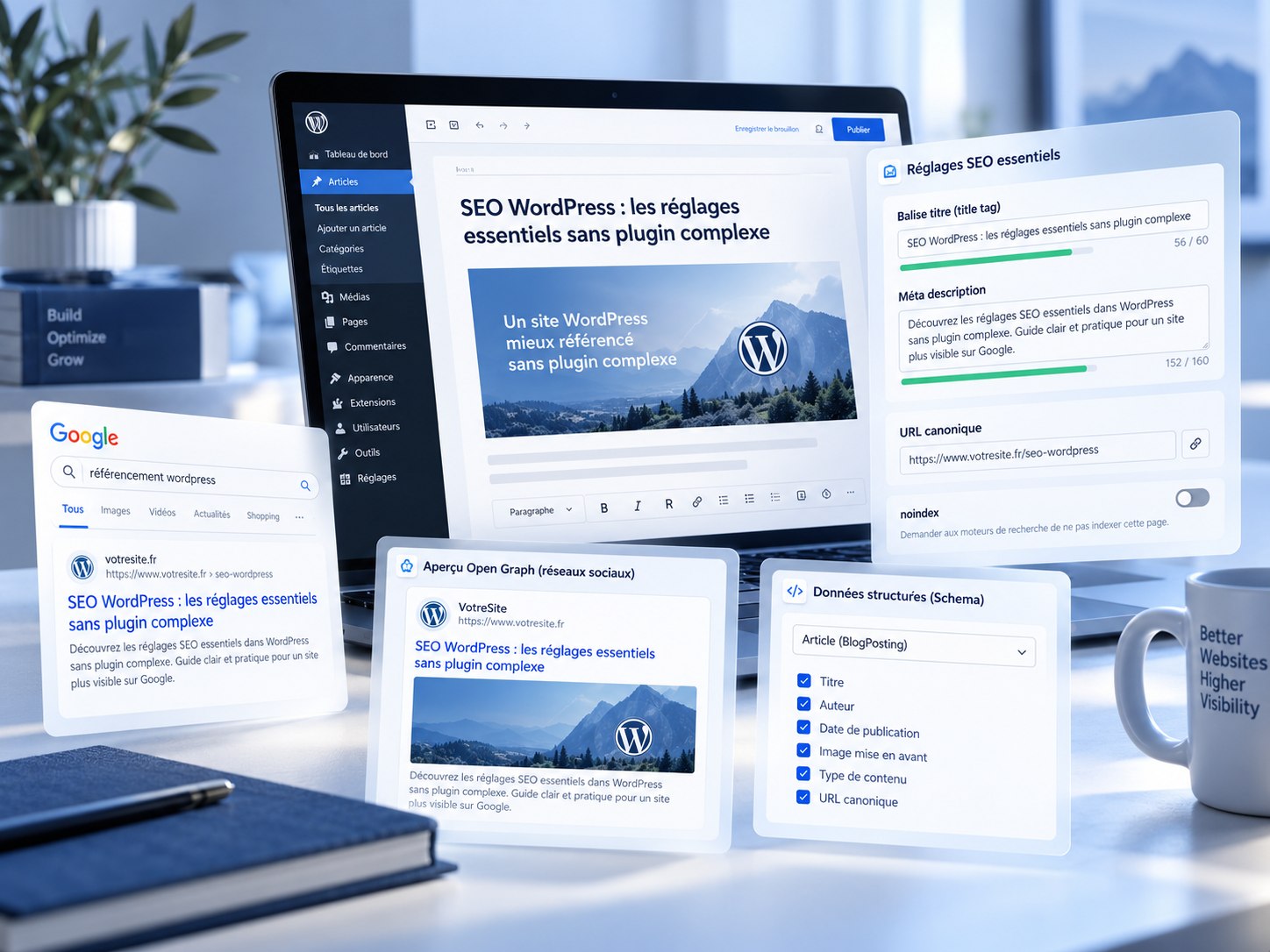 Illustration des réglages SEO essentiels dans WordPress