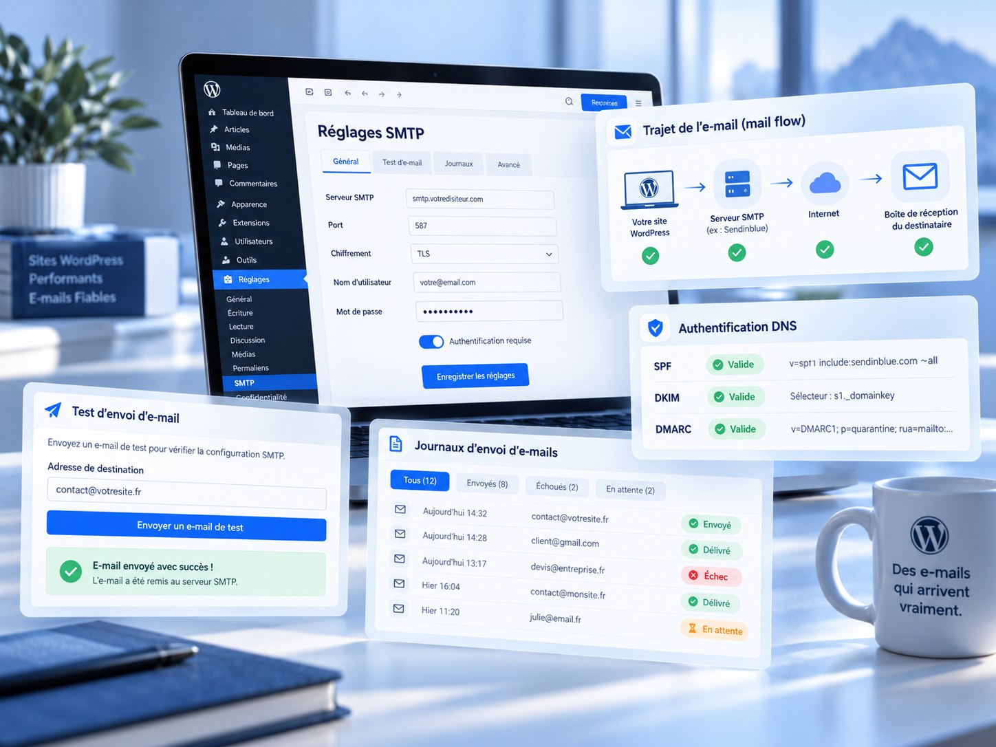 Illustration de la configuration SMTP et des courriels WordPress