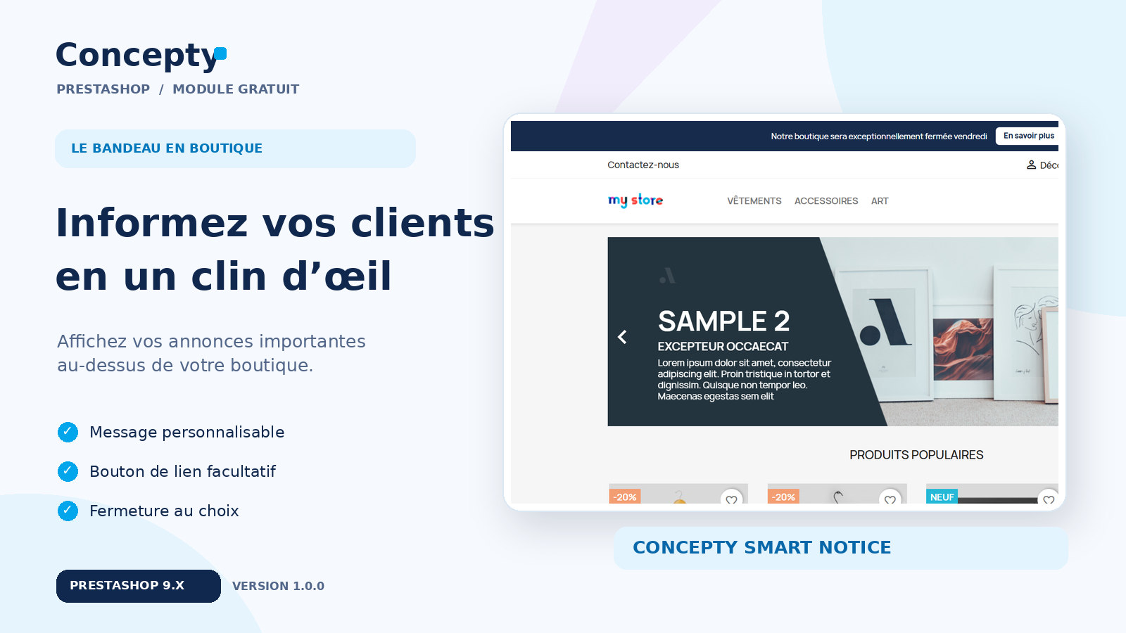 Concepty Smart Notice announcement bar on a PrestaShop storefront