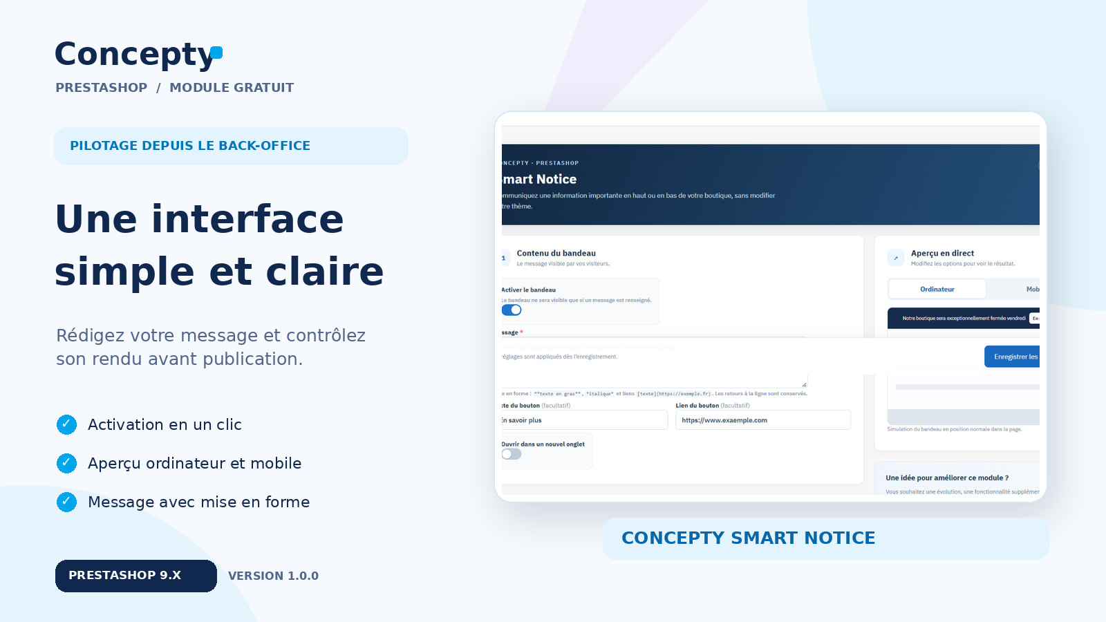 Configuration du module Smart Notice dans le back-office PrestaShop 9.2.0