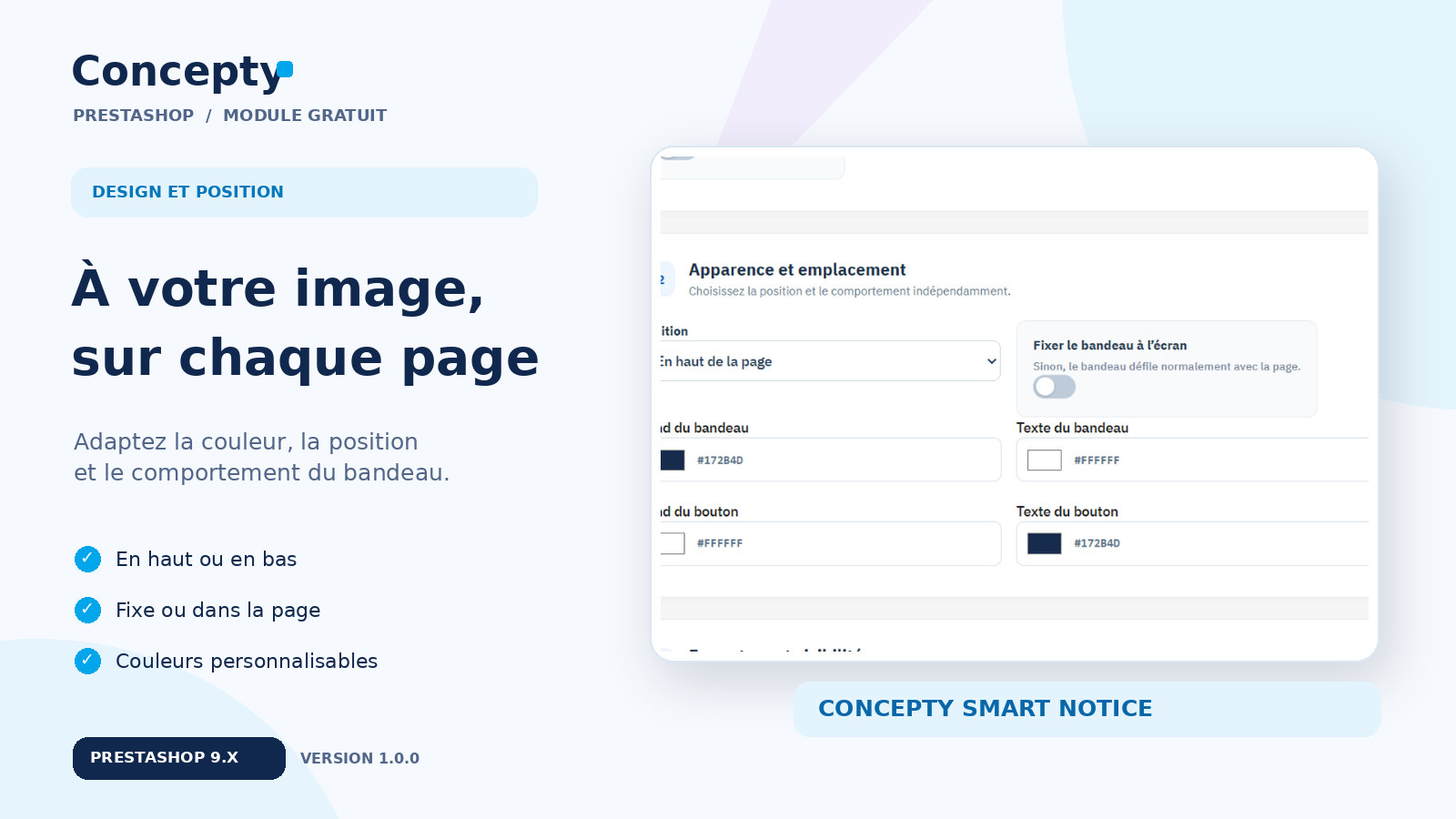 Réglage de la position fixe et des couleurs du bandeau PrestaShop