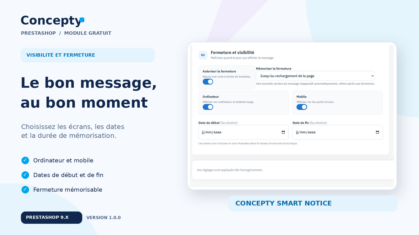Visibilité mobile et dates de publication du bandeau PrestaShop