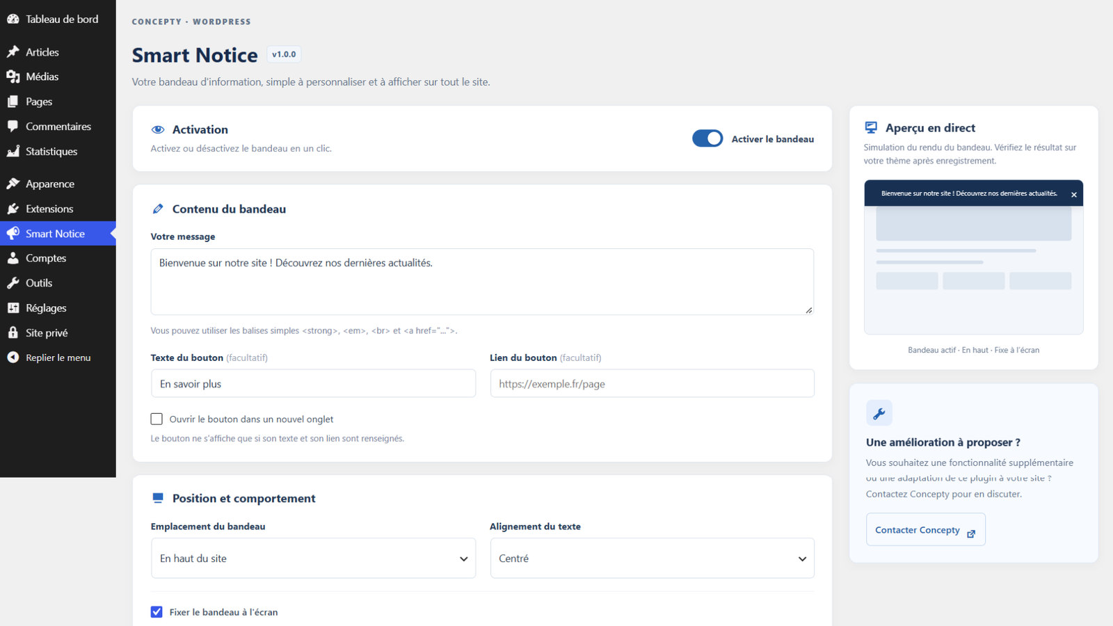 WordPress Smart Notice dashboard: enable setting, message content and preview