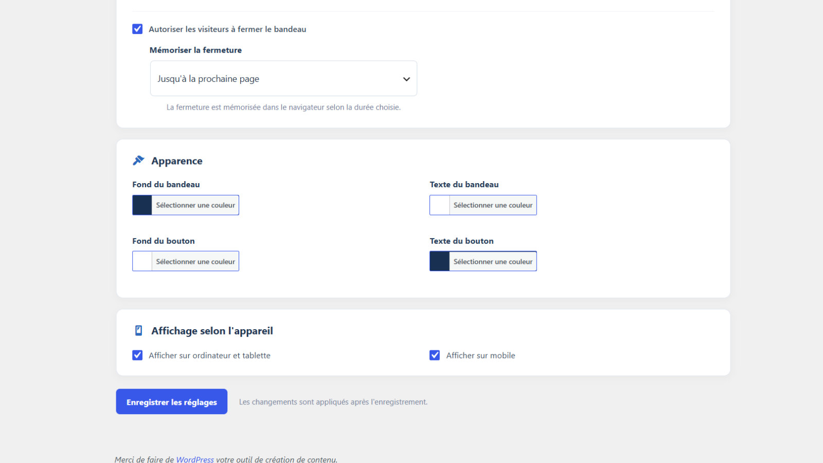 Smart Notice customization: color settings and desktop or mobile display