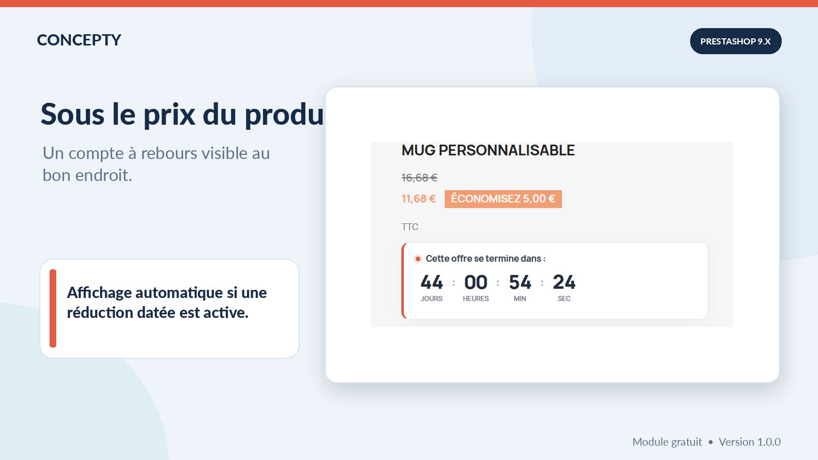 Sale countdown below the price on a PrestaShop 9 product page