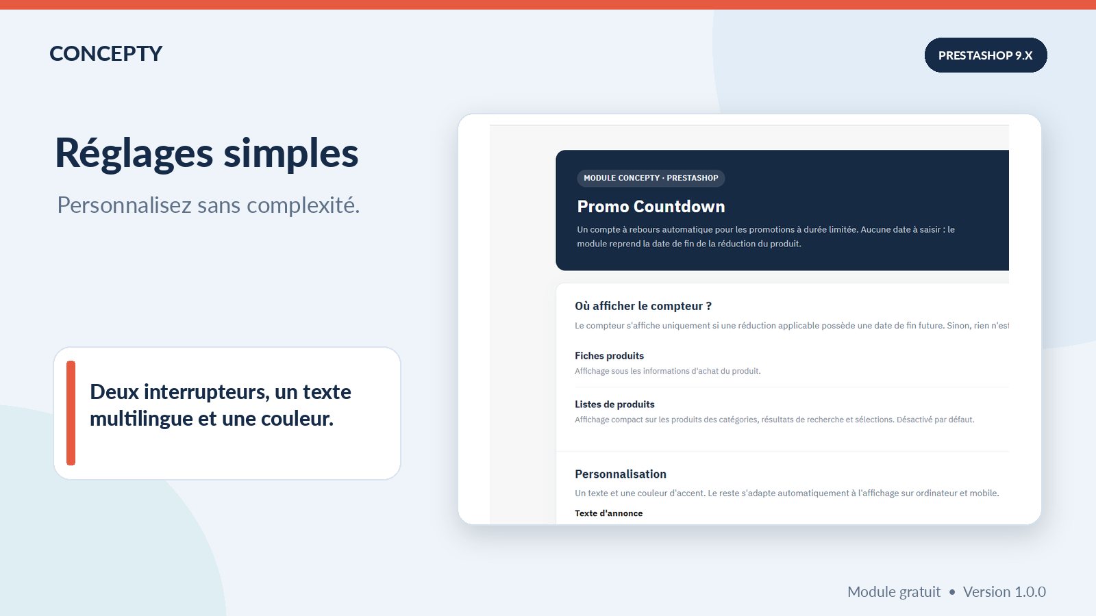 PrestaShop 9.2.0 admin: countdown locations and text and accent color settings