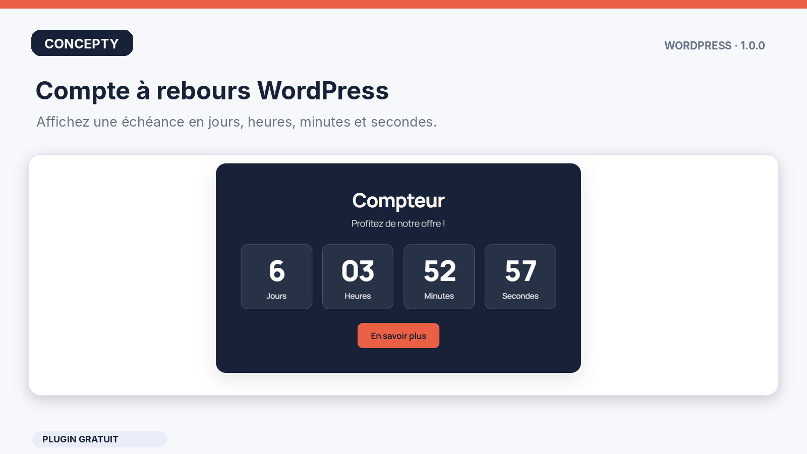 Free WordPress countdown timer showing days, hours, minutes, seconds and optional button
