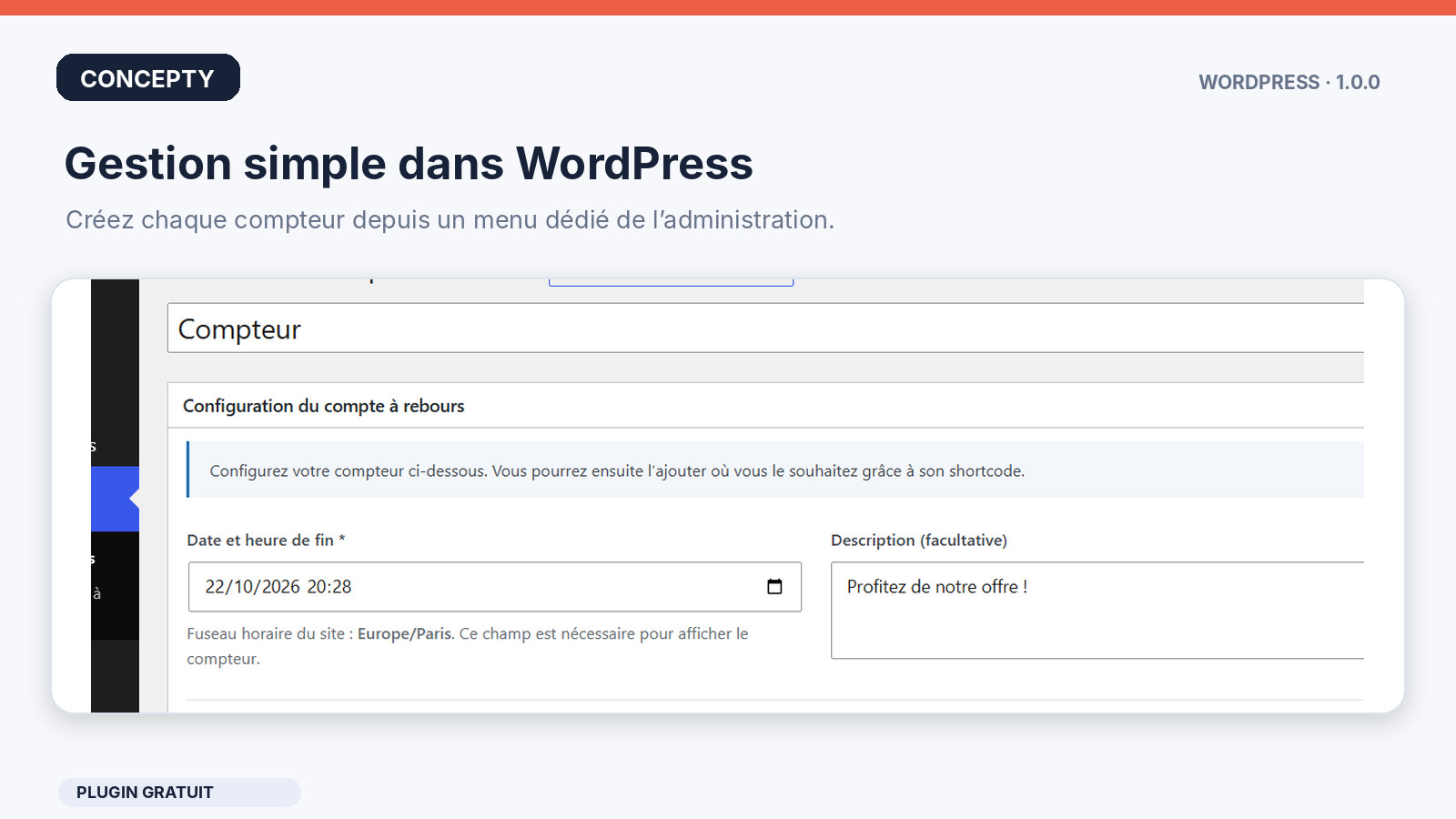 WordPress Countdown administration panel with date and countdown preview