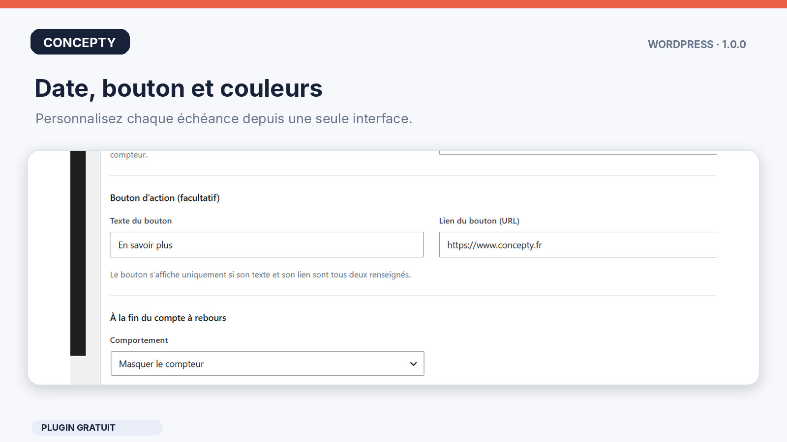 Countdown timer settings for date, optional button, colors and expiration