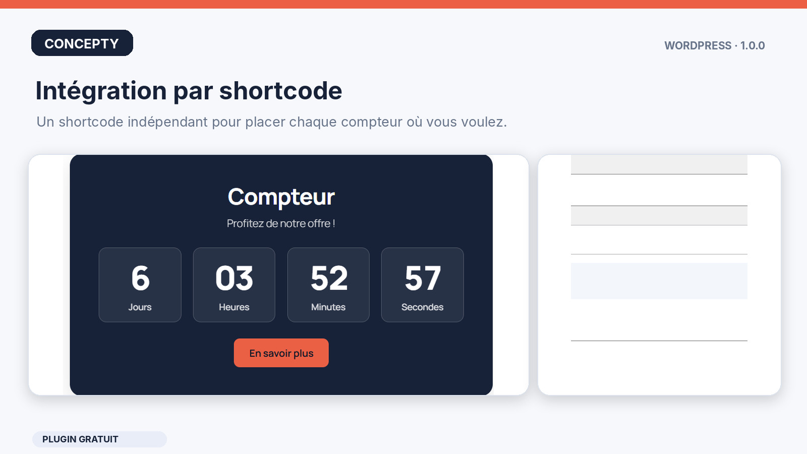 WordPress shortcode integration and real countdown display