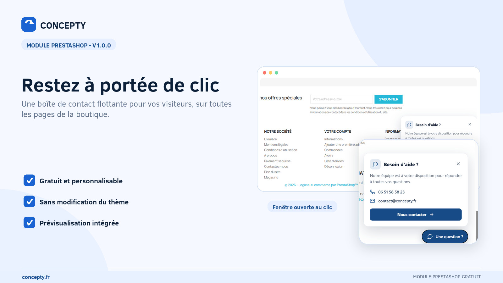 Free PrestaShop floating contact module with contact panel open