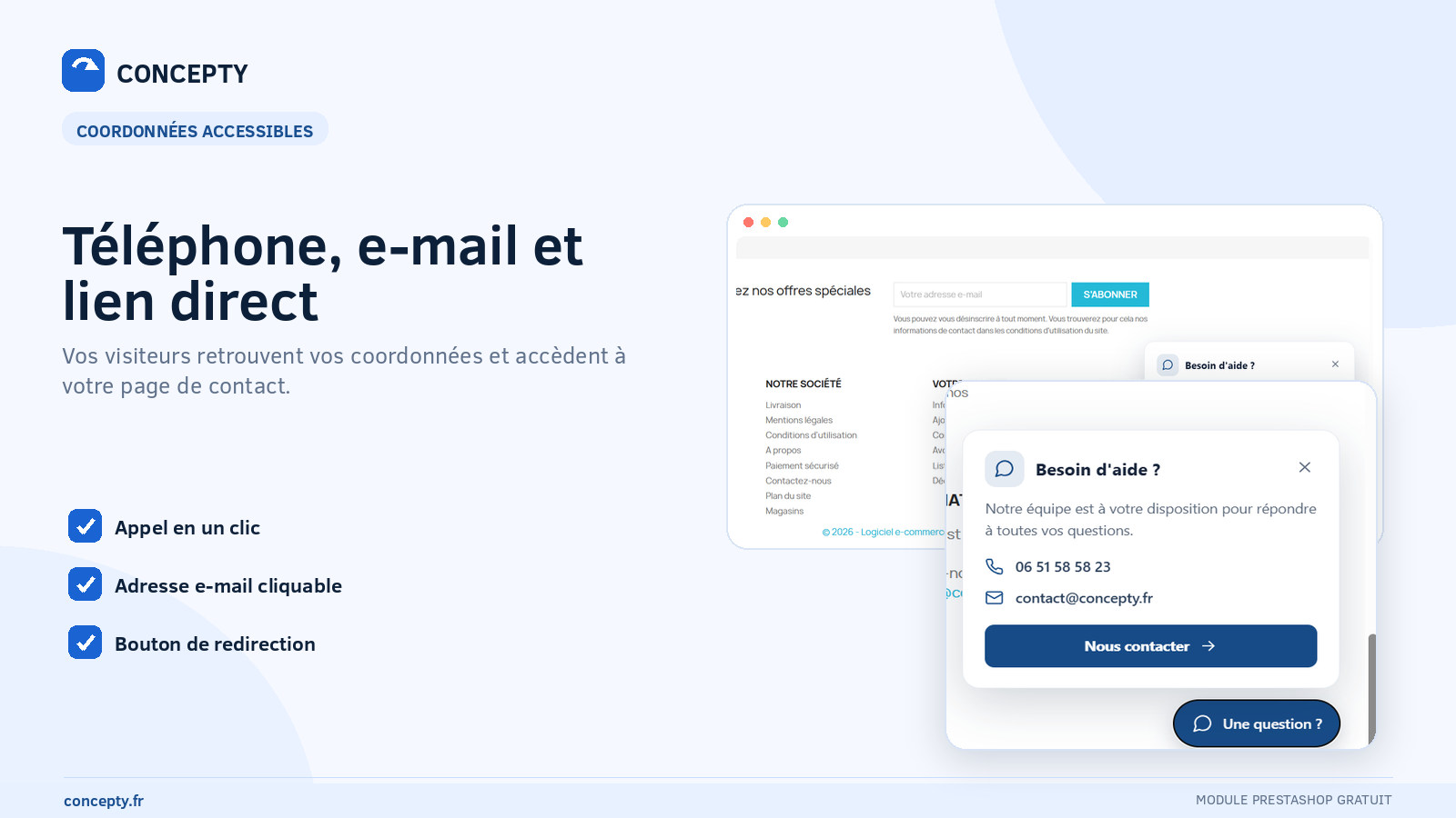 Open PrestaShop floating panel with phone, email address and button