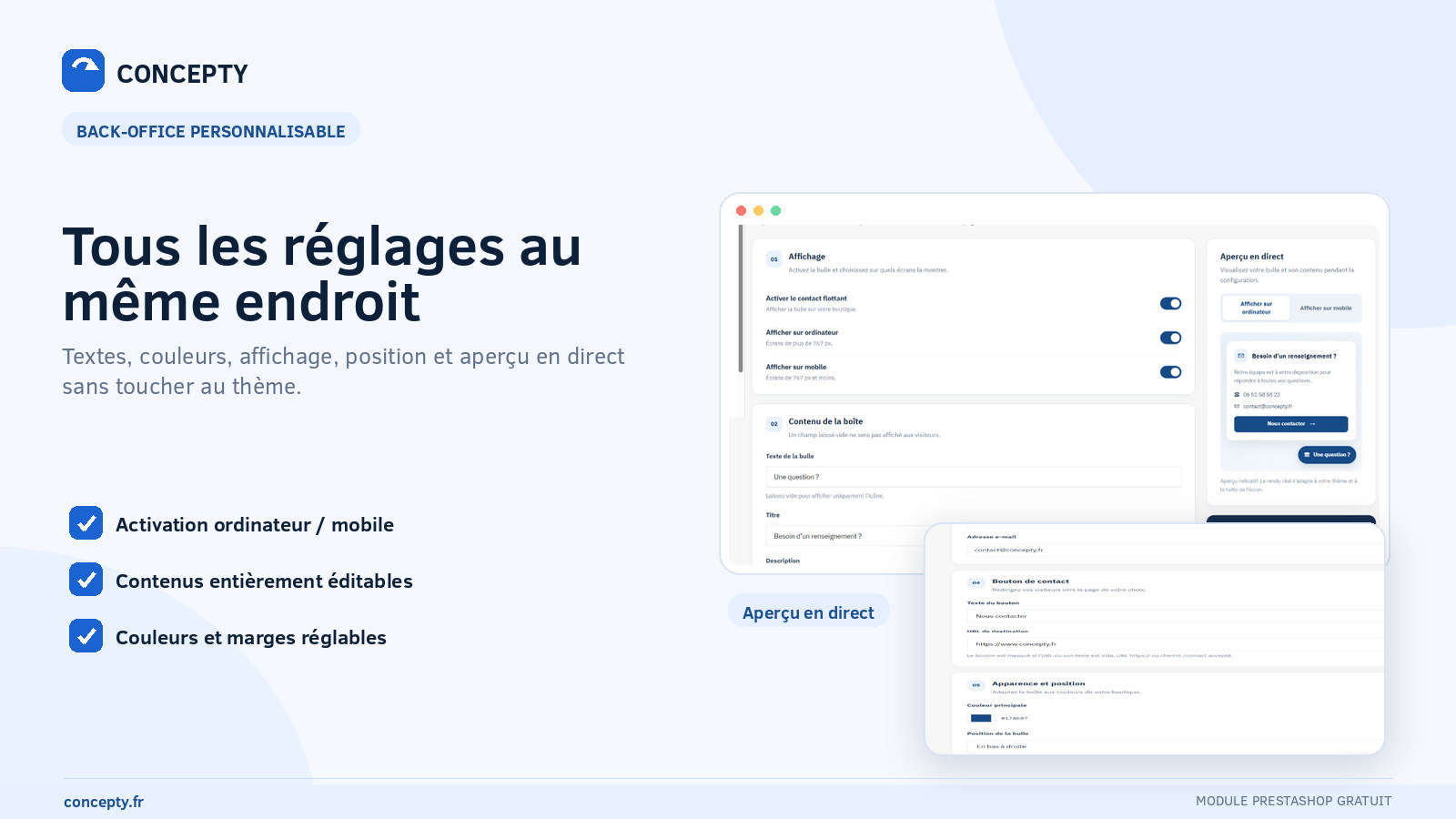 PrestaShop 9 back-office settings and live preview of floating contact