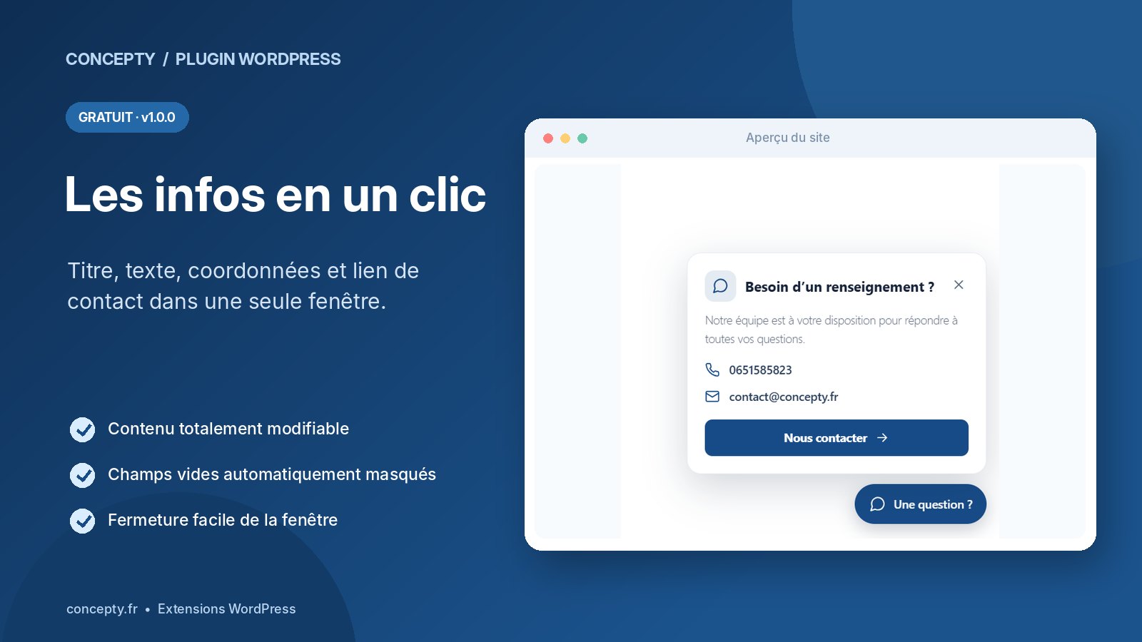 Boîte de contact WordPress ouverte avec téléphone, e-mail et bouton