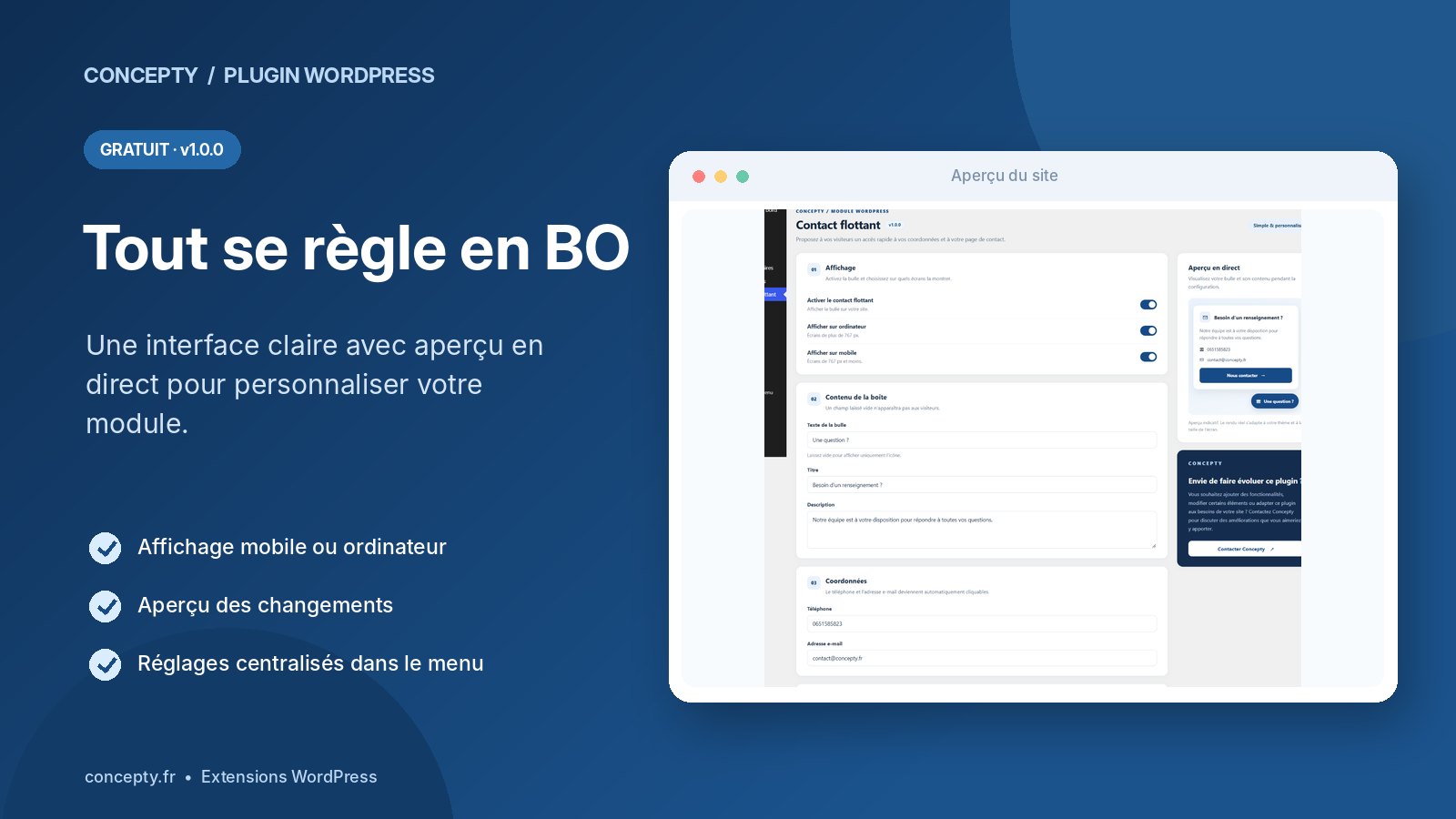 Capture réelle du back-office WordPress : configuration et aperçu du contact flottant