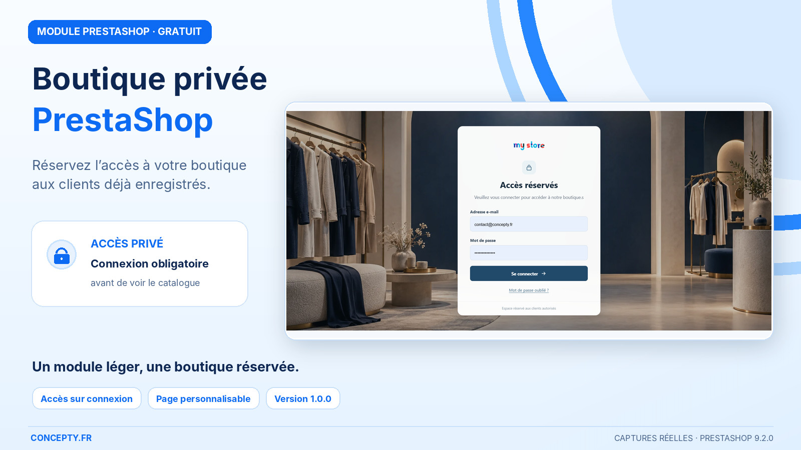 Private PrestaShop shop: presentation with actual login screenshot