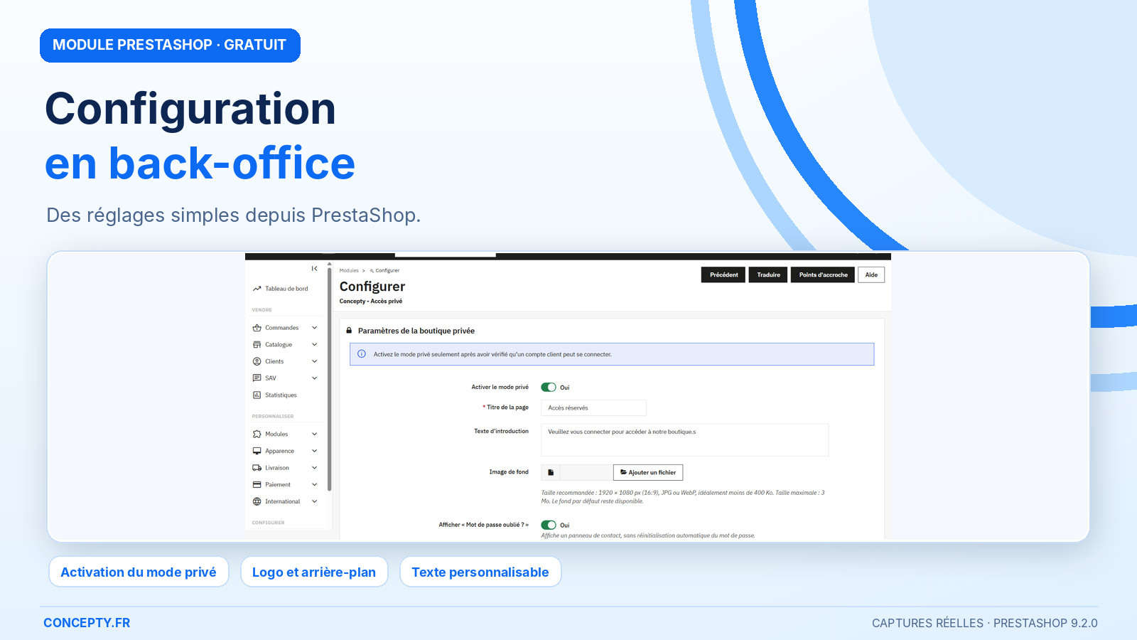 Private store module: actual PrestaShop back-office configuration screenshot