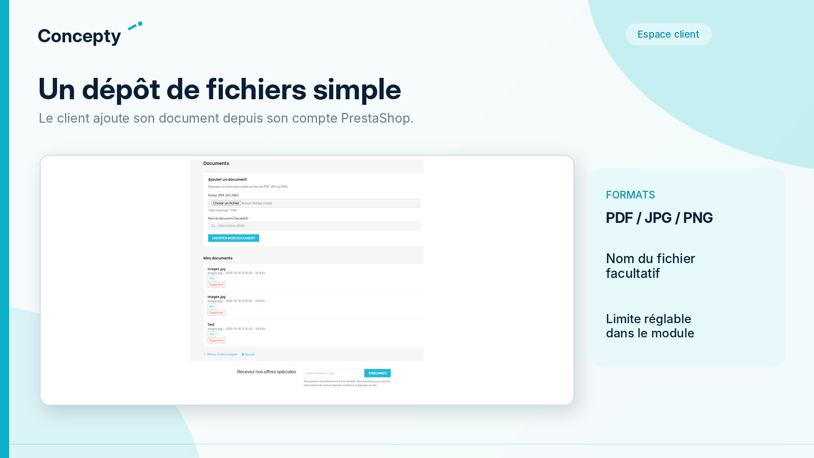 Formulaire de dépôt de documents PDF JPG PNG dans le compte client PrestaShop