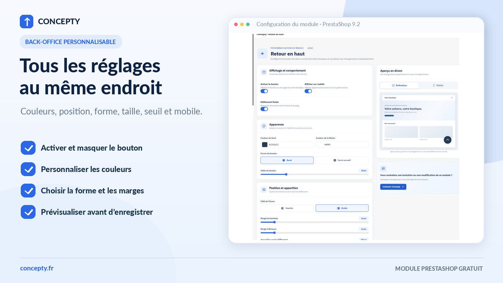 PrestaShop scroll-to-top module settings and live preview