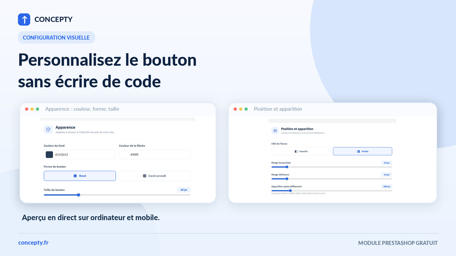 Button color, shape, position and scroll threshold settings