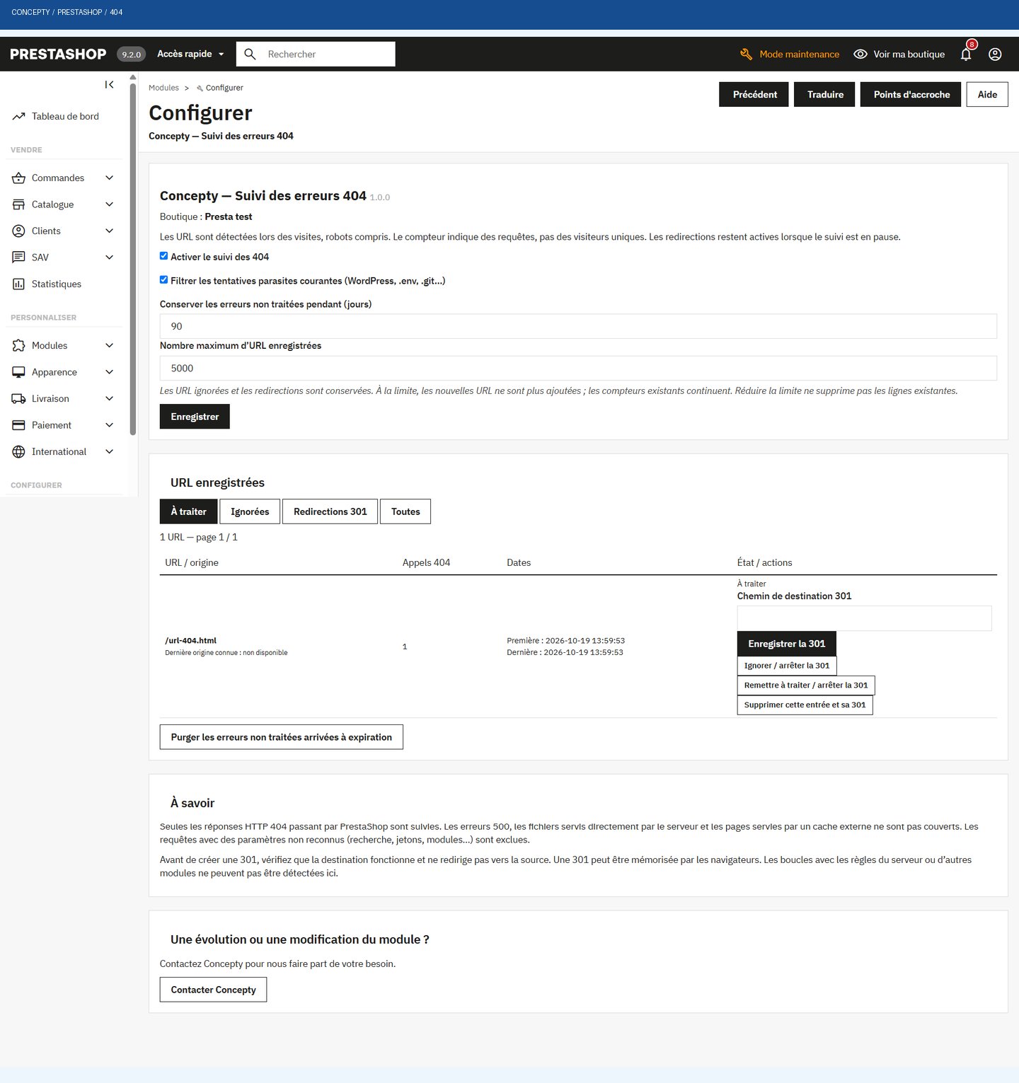 PrestaShop 404 monitoring settings and 301 redirect management