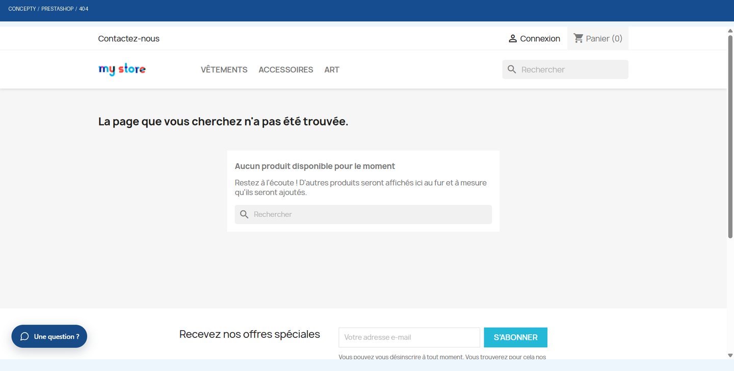Ejemplo de una página 404 no encontrada en PrestaShop